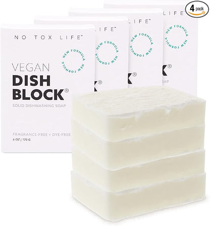 NO TOX LIFE Vegan Dish Block, 6 oz – A Solid Dish Soap for Effective Cleaning of Dishes, Pots and Pans – Ultra-Concentrated Biodegradable Formula – Fragrance and Dye Free – 4 Pack