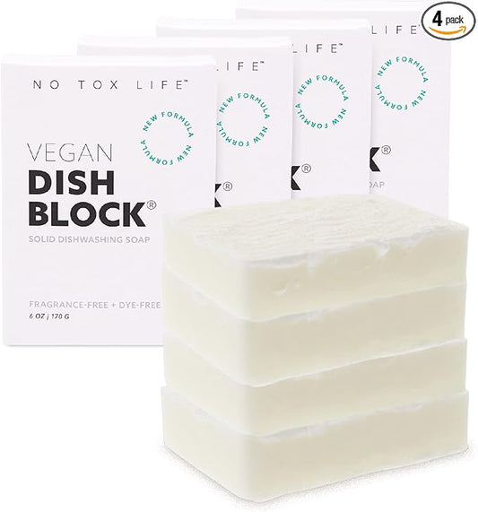 NO TOX LIFE Vegan Dish Block, 6 oz – A Solid Dish Soap for Effective Cleaning of Dishes, Pots and Pans – Ultra-Concentrated Biodegradable Formula – Fragrance and Dye Free – 4 Pack