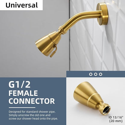 Angle Simple High Flow Shower Head, Brass Shower Sprayer for Outdoor, Adjustable Angle and Water Flow, G 1/2, Brushed Dark Gold