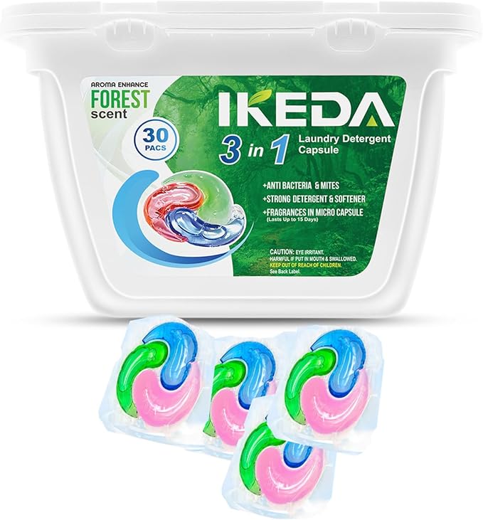 Laundry Detergent Pods, 30pcs Liquid Pacs 3-in-1 Powerful Clean Remover, Fabric Softener & Scent Booster, Long Lasting Fresh Nature Scent for Hand Washing or Machine (Forest)