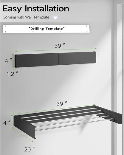 Wall Mounted Clothes Drying Rack 40", Foldable Wall Mount Laundry Rack Folding Indoor, Drying Rack Clothing Collapsible, Hidden Space Saver with Wall Template, 6 Rods, Black