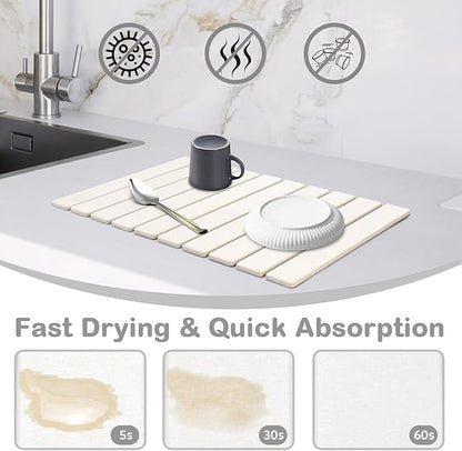 Large Stone Dish Drying Mat for Kitchen Counter, 24"(L)×16"(W), Super Absorbable Diatomaceous Stone Mat, Collapsible Stone Dish Drying Mat for Dishes Bottles, Cups, Match Any Countertop