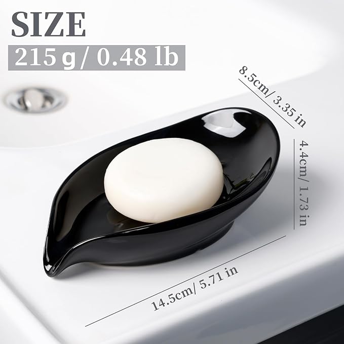 Soap Dish, Self Draining Soap Dishes 2PCS, Leaf Shape Ceramic Bar Soap Holder Drain Soap Dishes for Bathroom Sink Kitchen, Easy to Clean Keeps Soap Dry, Black, ANTIS'S HOME