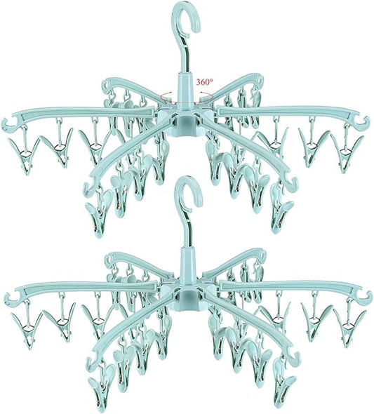 Foldable Drying Rack with 24 Clips for Drying Socks Lingerie Baby Clothes Drying Towels Rotatable Sock Drying Rack 2pcs (Green)
