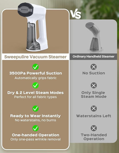 Sweepulire Vacuum Steamer for Clothes, Dual Water Tank 320ml (160ml x2), 3500Pa Suction Handheld Clothes Steamer, 3 Modes, LED Display, Steaming & Ironing 2 In 1Steamers for Clothes (110-120V)