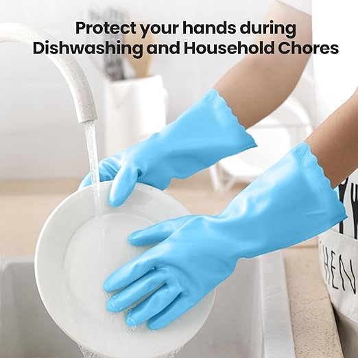 KAQ Rubber Gloves for Dishwashing Cleaning: 4 Pairs Reusable Household Kitchen Dish Washing Glove with Cotton Liner