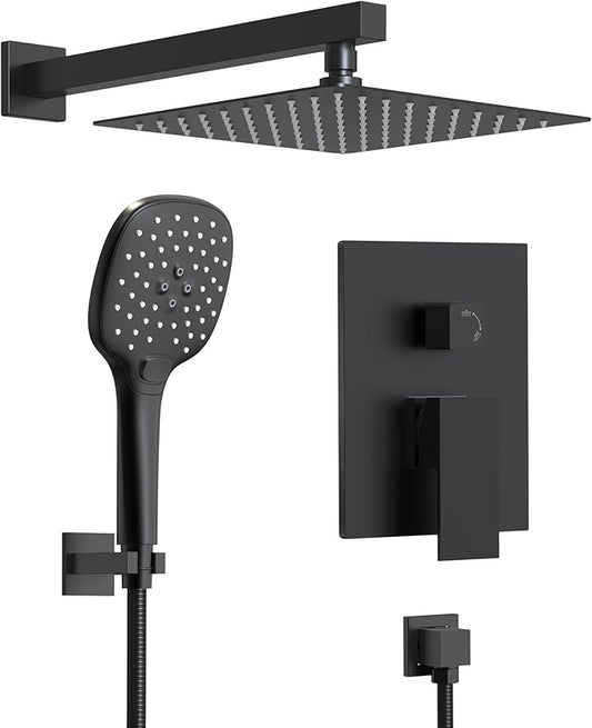 Double Handle High Pressure 3 Spray Shower Faucet Set with Valve 10 Inch Wall Mount Matte Black