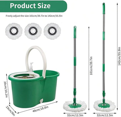 Spin Mop and Bucket with Wringer Set, 360° Spinning Mop Bucket System with 3 Microfiber Mop Replacement Heads, Adjustable Handle for Floor Cleaning (Green)
