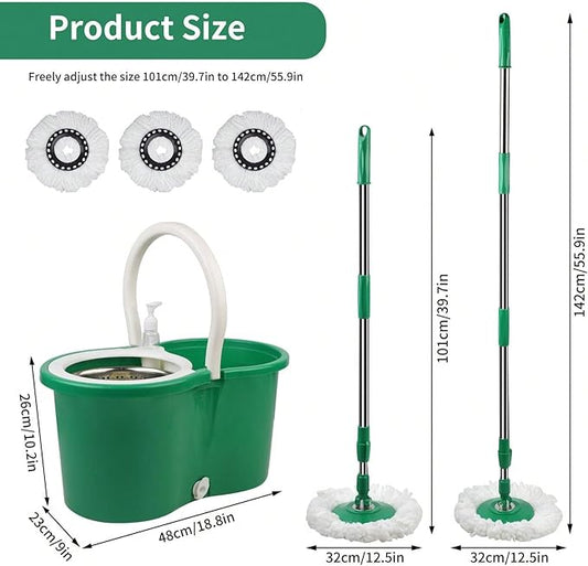 Spin Mop and Bucket with Wringer Set, 360° Spinning Mop Bucket System with 3 Microfiber Mop Replacement Heads, Adjustable Handle for Floor Cleaning (Green)