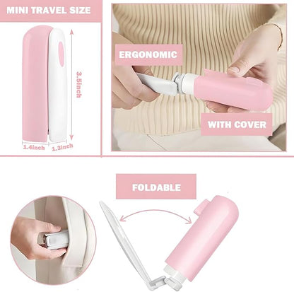 Mini Travel Lint Roller with 150 Sticky Sheets, Compact Portable Pet Hair Remover with Cover for Clothes, Travel, Small Foldable Lint Roller for Purse Car Bag Essentials (Pink)