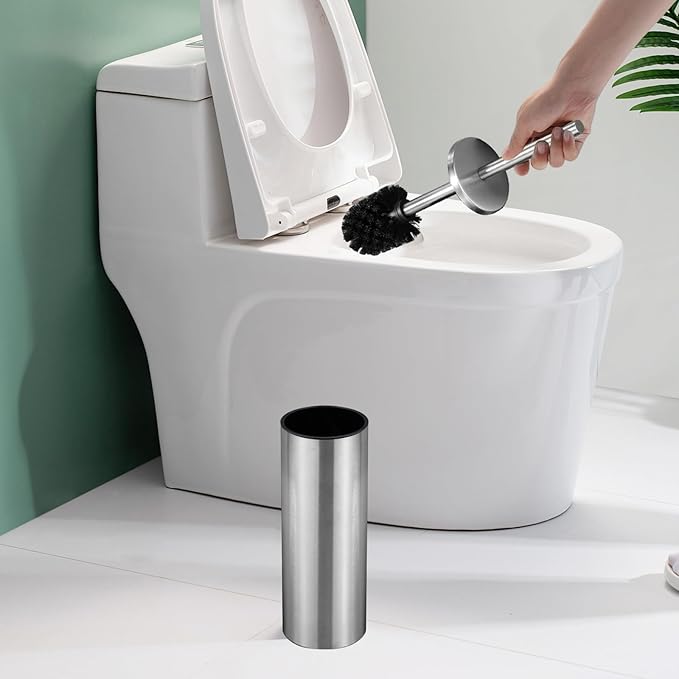Toilet Brush and Brush Holder - Brushed Nickel Toilet Brush Stainless Steel Round Toilet Brush with Removable Inner Bucket and Splash-Proof Metal Cover Protection - Dense Bristles (with Handle)