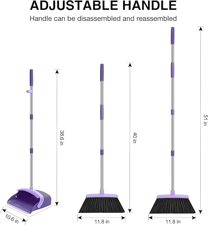 NACENA Broom and Dustpan Set, 52-in Long Adjustable Handle Broom Dustpan Combo with Dustpan Teeth to Automatically Clean Hair Suitable for Home Kitchen Office Hall Floor (Purple)