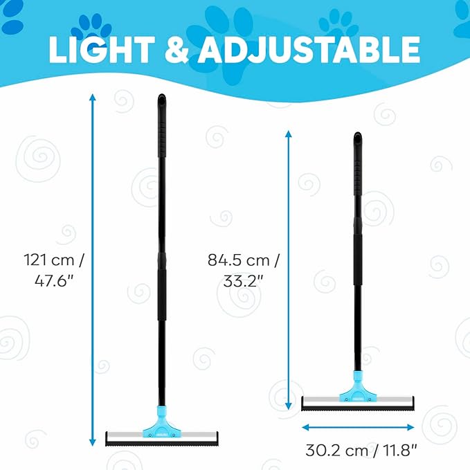 Carpet Rake for Pet Hair Removal – Carpet Scraper & Pet Fur Rake – Dog & Cat - Animal Fur Broom for Rugs & Furniture with Adjustable Lengths - Blue