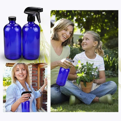 Loretoy Glass Spray Bottle Kit×10 (2×16 oz, 2×4 oz, 6×2 oz), 9×10 ml Roller Bottles, Anti UV, Multi Size and Versatile, Suitable for Aromatherapy, Facial Moisturizing, Watering, etc.(Blue