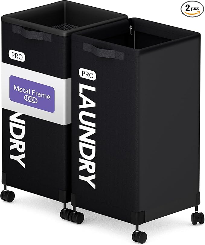 Caroeas Next-Gen 105L Matel Frame Laundry Basket with wheels, Heavy Duty Tall Rolling Laundry Hamper with Removable Wash Bag, Collapsible Freestanding Clothes Hamper (105L,Black,2Pack)