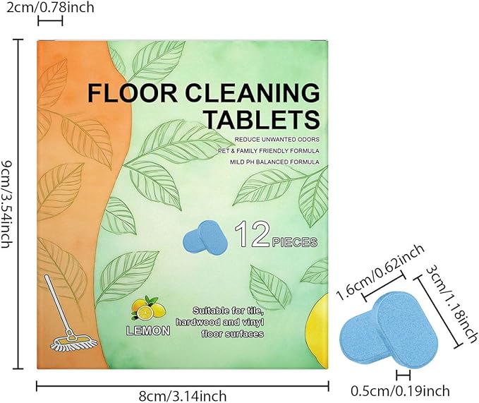 Floor Cleaning Tablets, 12pcs Pre-Measured Dissolvable Mopping Tablets with Fresh Lemon Scent, Multi-Surface Hard Floor Cleaner (2pcs)