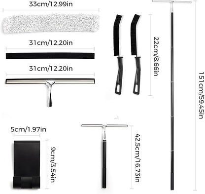 16.7“- 59.5" Long Handle Window Squeegee with Extension Pole, 12.4" Wide Metal Shower Squeegee for Glass Doors, 2-in-1 Squeegee for Home Window Cleaning, Tile Wall, Car (Silver)