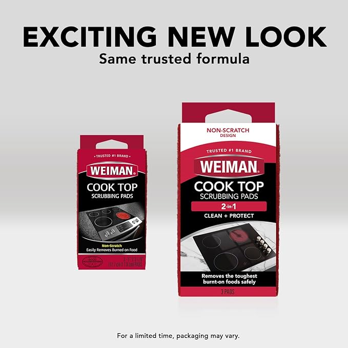 Weiman Cooktop Scrubbing Pads, 3 Count Scratch-Free Cleaning Pads for Cermaic, Glass Cooktop Surfaces, Removes Tough Burned-On Food & Residue
