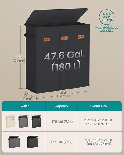 SONGMICS 47.6 Gallon (180 L) Laundry Hamper, 3-Compartment Laundry Basket Sorter with Lid, Labels, Removable Liner Bags, for Bedroom, Ink Black URLH013B01