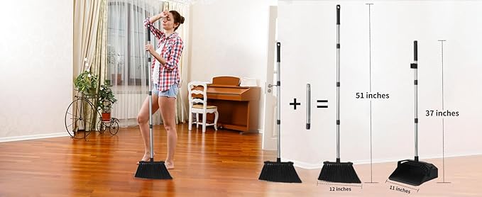 3-Pack Broom with Dustpan Combo Set, Commercial Broom and Dustpan Set, Dust Pan with Long Handle, 51'' Large Brooms with Self-Cleaning Dust Pan Teeth for Restaurant Lobby Garage - Black