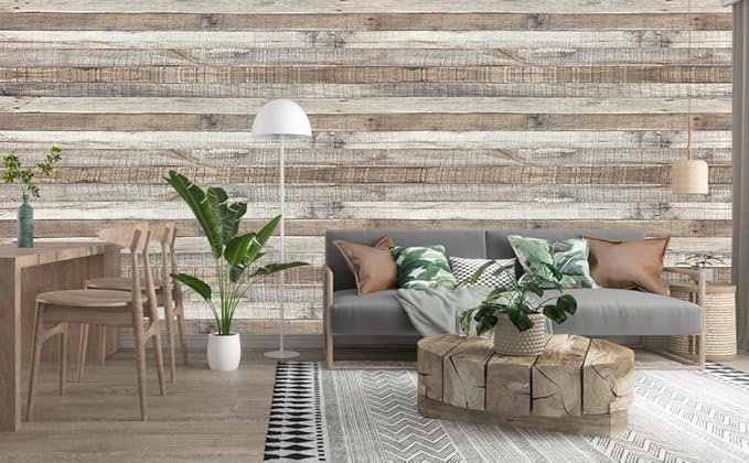 Yun-aeon 17.3"x 1200"Natural Wood-Grey Wood Contact Paper Peel and Stick Wallpaper Self Adhesive Removable Vintage Faux Wood Wall Paper Plank Shelf Home Decoration Kitchen Counter Cover Use