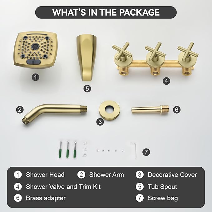 3 Handle Shower Faucet Set with Tub Spout 6-Spray Shower Head and Handle Set Shower Trim Kit with Rough-in Valve Bathroom Shower Faucet Valve Trim Kit Shower System Brushed Gold