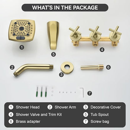3 Handle Shower Faucet Set with Tub Spout 6-Spray Shower Head and Handle Set Shower Trim Kit with Rough-in Valve Bathroom Shower Faucet Valve Trim Kit Shower System Brushed Gold