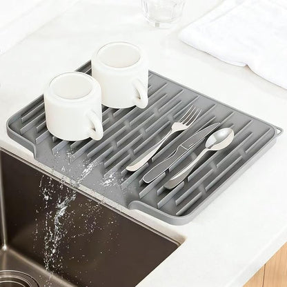 Silicone Kitchen Countertop Dish Drying Mat with Water Collection Tray Non-Slip Pad ( Grey)