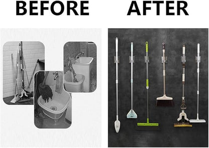 HANZE 2 Pack Mop Broom Holder Racks 304 Stainless Steel Self Adhesive Heavy Duty Wall Mounted Mop Organizer Storage Clip Multi-Used for Garage Kitchen and Bathroom