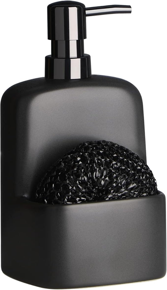 Dish Soap Dispenser - Kitchen Soap Dispenser with Sponge Holder Matte Ceramic Soap Daddy Dispenser 20oz for Kitchen (Matte Black)
