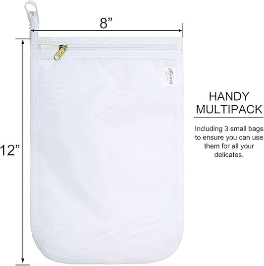 TENRAI Delicates Laundry Bags, Bra Fine Mesh Wash Bag for Underwear, Lingerie, Bra, Pantyhose, Socks, Use YKK Zipper, Have Hanger Loops, Small Openings (White, 3 Small)
