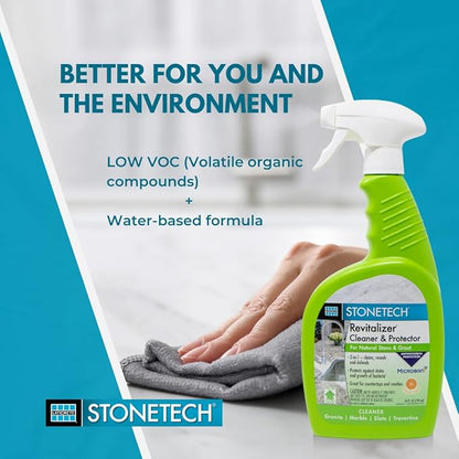 StoneTech Revitalizer Cleaner and Protector | Natural Stone Cleaner | Marble, Quartz, Granite Countertop Cleaner | 3-in-1 Cleans and Reseals | 2-Pack 24 oz Spray + Microfibers, Citrus Scent