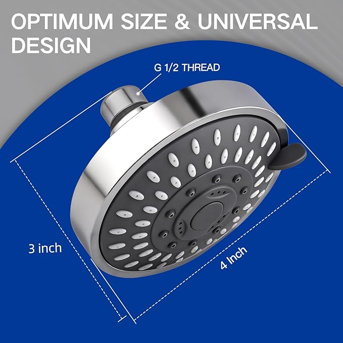 High Pressure Shower Head - Adjustable Bathroom Fixed Rain Showerhead with Swivel Brass Ball Joint, Self-cleaning Nozzles (5-Mode, 4 Inch Chrome)