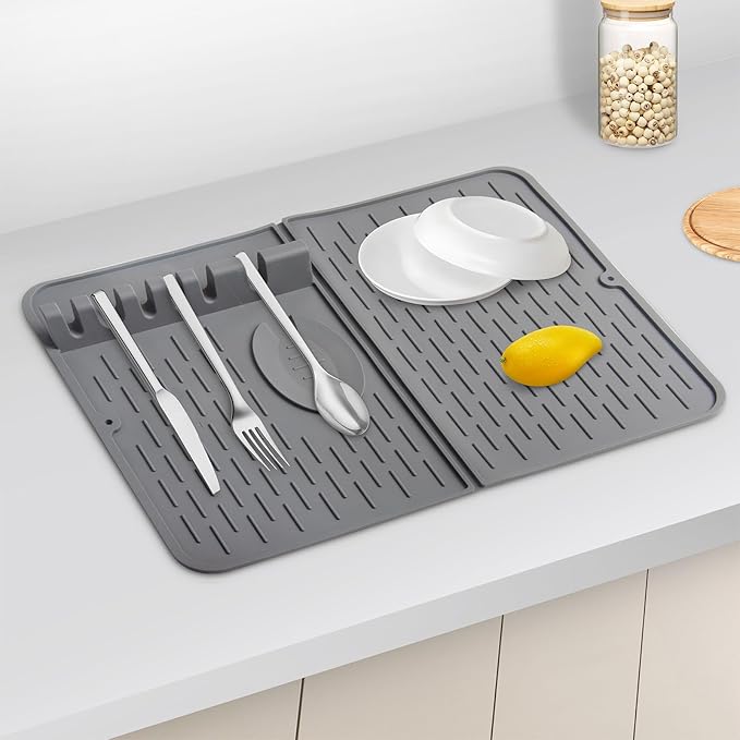 Silicone Dish Drying Mat for Kitchen Counter, Collapsible Dish Drainer Mat, Dish Drying Rack, Non-Slip, Easy to Clean (18.7x13.2 Inch)