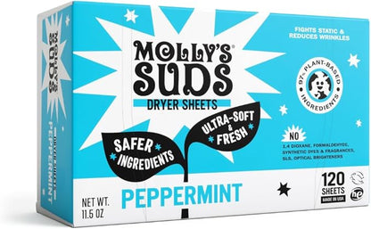 Molly's Suds Fabric Softener Dryer Sheets for Sensitive Skin | Plant-Based Static Reducer, Plastic-Free Packaging | Peppermint (120 Sheets)