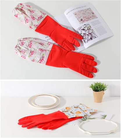 Myungjin Fleece-lined, Long Cuff, Reusable Waterproof Household Dishwashing Non-Slip Cleaning Rubber Gloves (1)