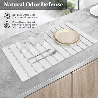 Large Stone Dish Drying Mats for Kitchen Counter, 28"(L)×16"(W), Fast Drying Collapsible Dish Drying Mat, Eco-Friendly Absorbent Diatomaceous Earth Mats for Dishes Bottles Cups, Match Any Countertop