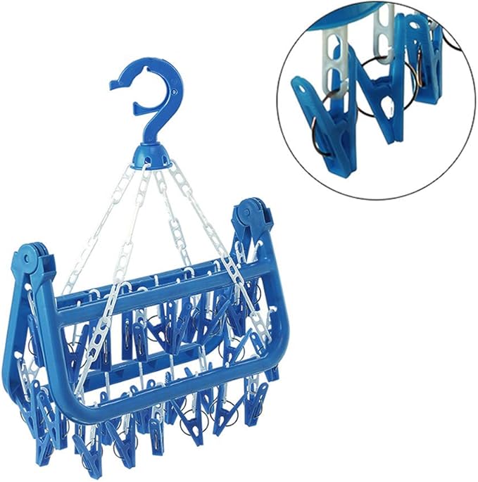 SteelFever Clothes Drying Hanger with 32 Clips, Foldable Hanging Drying Rack for Clothes Underwear Socks (Blue)