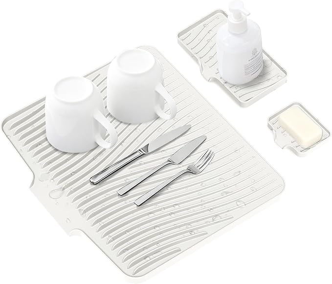 Silicone Dish Drying Mat for Kitchen Counter, Dish Drying Pad, Non-Slip Drain Pad with Built-in Drain, Heat Resistant Stone Drying Mat,Cream-1Set
