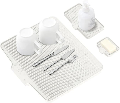 Silicone Dish Drying Mat for Kitchen Counter, Dish Drying Pad, Non-Slip Drain Pad with Built-in Drain, Heat Resistant Stone Drying Mat,Cream-1Set