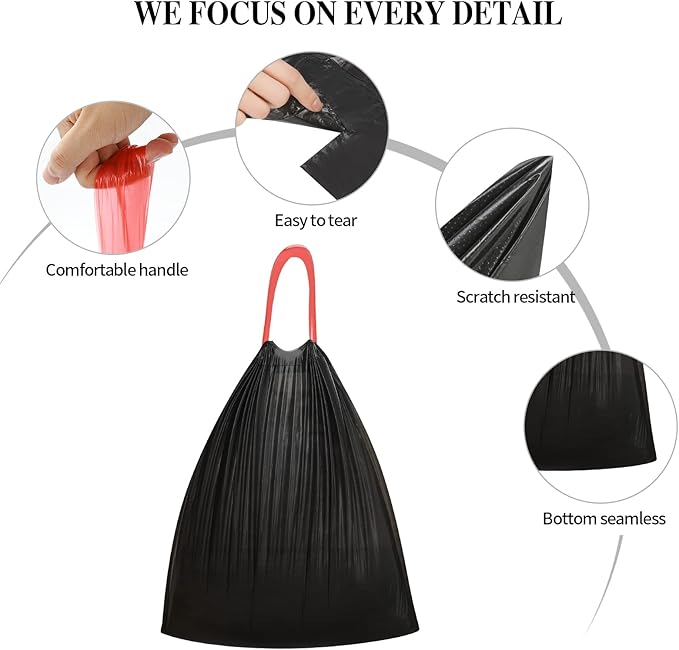 6Rolls Drawstring Small Trash Bags,4 Gallon Thicken Drawstring Small Garbage Bags for Kitchen,Bathroom,Bedroom,Home,Office Trash Cans，120 Counts (Black)