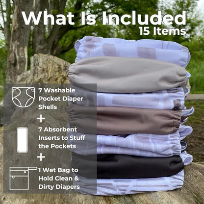 Nora's Nursery Cloth Diapers 7 Pack with 7 Inserts & 1 Wet Bag - Waterproof Cover, Washable, Reusable & One Size Adjustable Pocket Diapers for Newborns and Toddlers - Earthy Boho