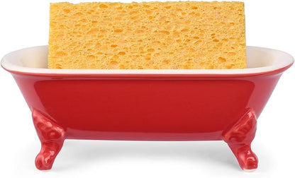 6.5" Ceramic Mini Decorative Clawfoot Bathtub Bar Soap Dish, Kitchen Sponge Holder and Shower Tray for Bathroom, 1 Pack(Chili)