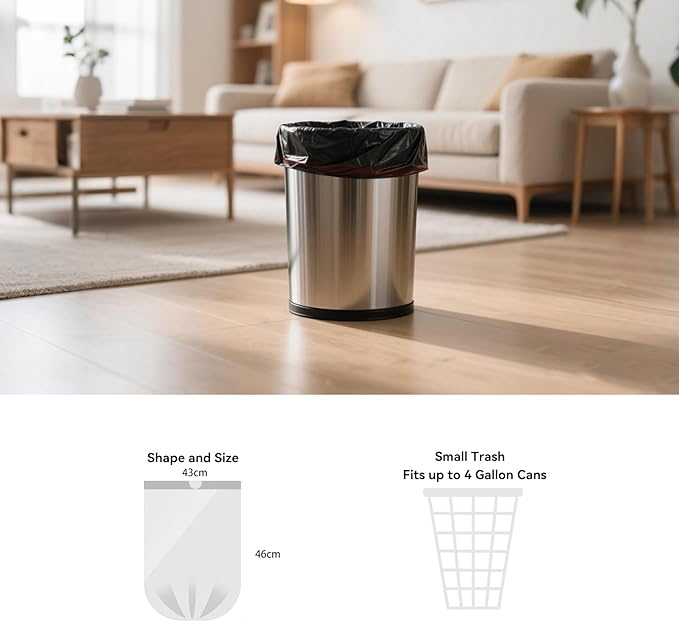 WAIKAS Small 4 Gallon Trash Bags for Bathroom & Bedroom, Drawstring Garbage Bags for Office Desk, Vanity, Pack of 83, 43x46cm, 4.05g/pcs, Unscented, Black