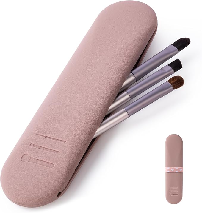 Travel Makeup Brush Holder, Silicon Trendy and Portable Cosmetic Face Brushes Holder, Make Up Organizer Bag Case, Cosmetic pouch,Toiletry Organizer (Khaki)