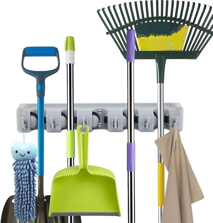 Berry Ave Broom Holder Wall Mount and Garden Tool Organizer, Closet Storage, Kitchen Rack, Home Organization and Garage Organizer for Rake or Mop Handles Up to 1.25-Inches, Hanger Plus 6 Hooks (Grey)