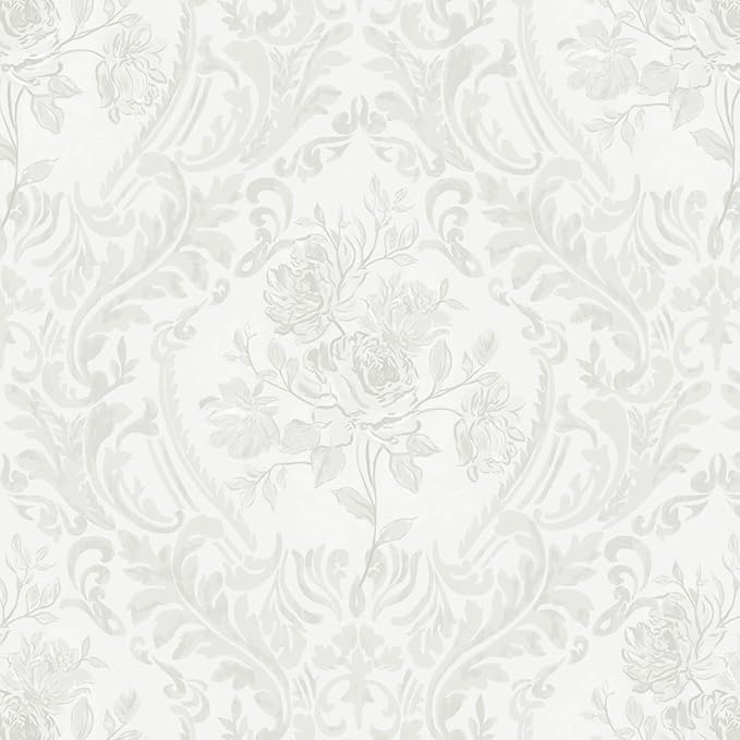 Ismoon Peel and Stick Wallpaper Vintage Floral Contact Paper Boho White and Grey Watercolor Damask Wallpaper Textured Removable Self Adhesive Vinyl Wall Paper for Bedroom, 17.3 in X 6.5 ft
