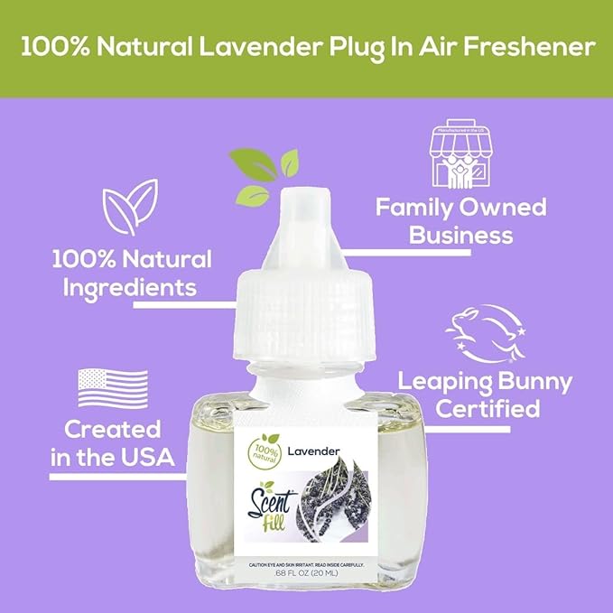 Scent Fill 100% Natural Lavender Plug in Air Freshener, Scented Oil Refills, 2 Refills + Diffuser