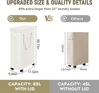 85L Laundry Hamper with Wheels, Lid, Handles & Collapsible, Slim Tall Rolling Laundry Basket for Small Spaces, Foldable Dirty Clothes Organizer for Bedroom, Dorm, Laundry Room, Bathroom,Beige