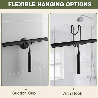 FARMER Shower Squeegee for Glass Doors, 10-Inch Glass Squeegee for Windows, Car Glass and Mirrors, Multi-Purpose Stainless Steel Squeegee with Suction Wall Hook and Over Door Hook, Black